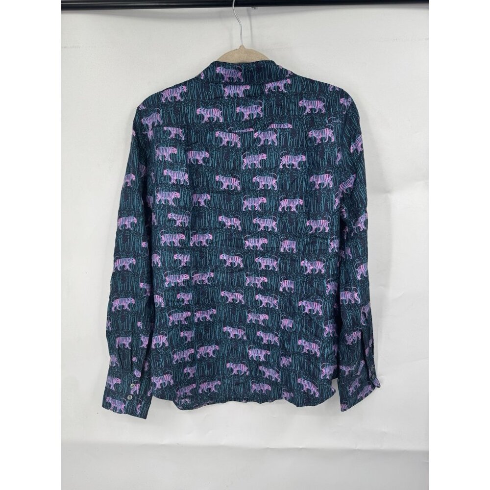 J. Crew Collection Tiger Print 100% Silk Blouse Women 8 Navy Pink Button Front - Picture 3 of 8